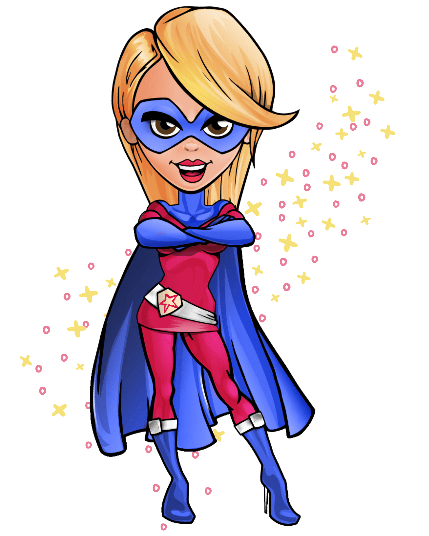 Superhero ToughBaby wearing pink leotard and blue cape & mask, with a swirl of magic dust behind her.