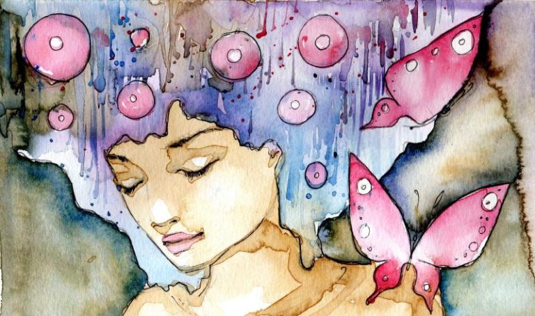 watercolor image of woman with butterflies
